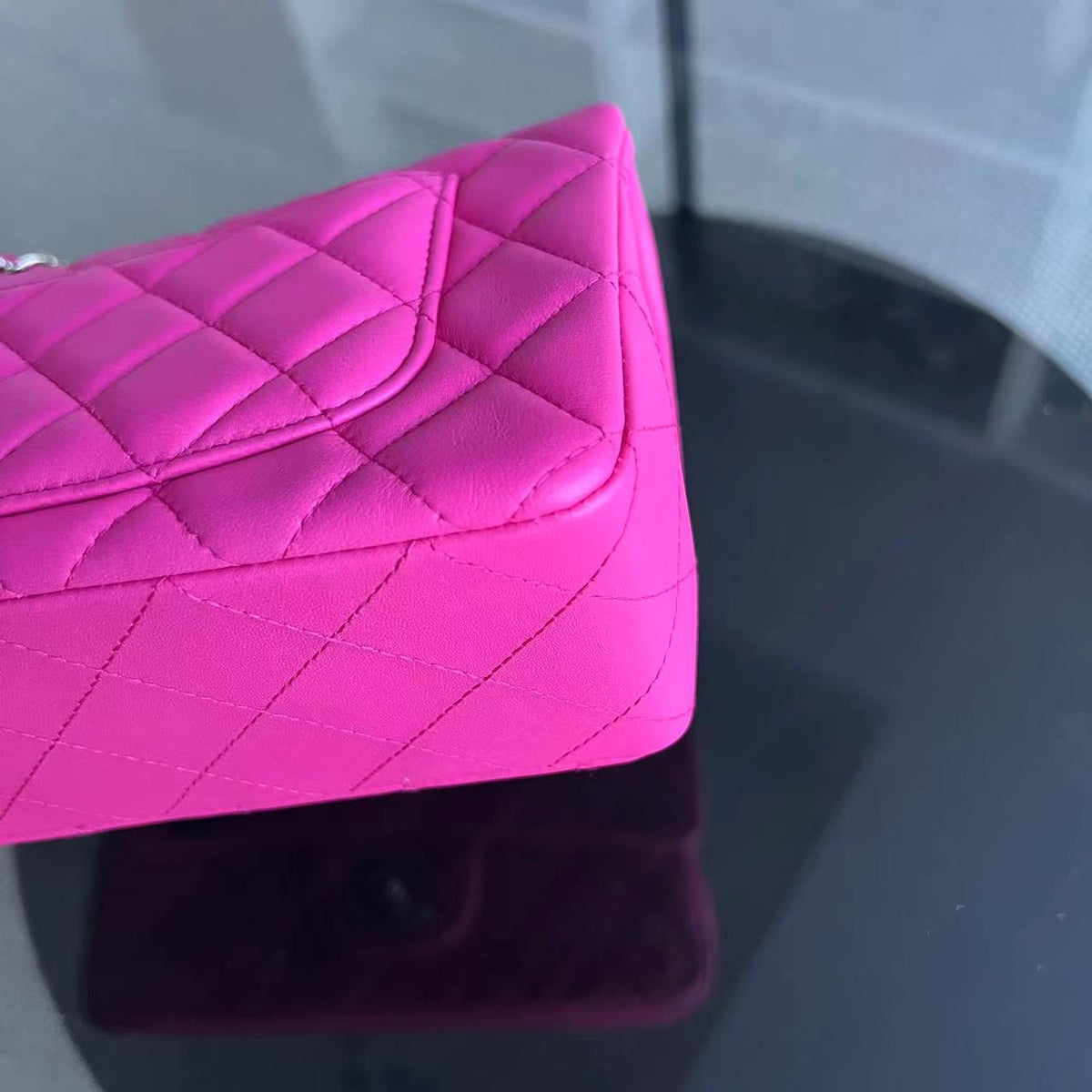 Mini Rectangular Classic Flap 20CM Quilted Lambskin Hot Pink Light Golden Hardware Series 21
