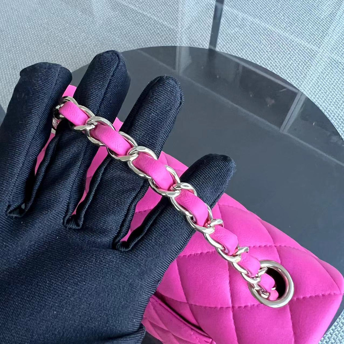 Mini Rectangular Classic Flap 20CM Quilted Lambskin Hot Pink Light Golden Hardware Series 21
