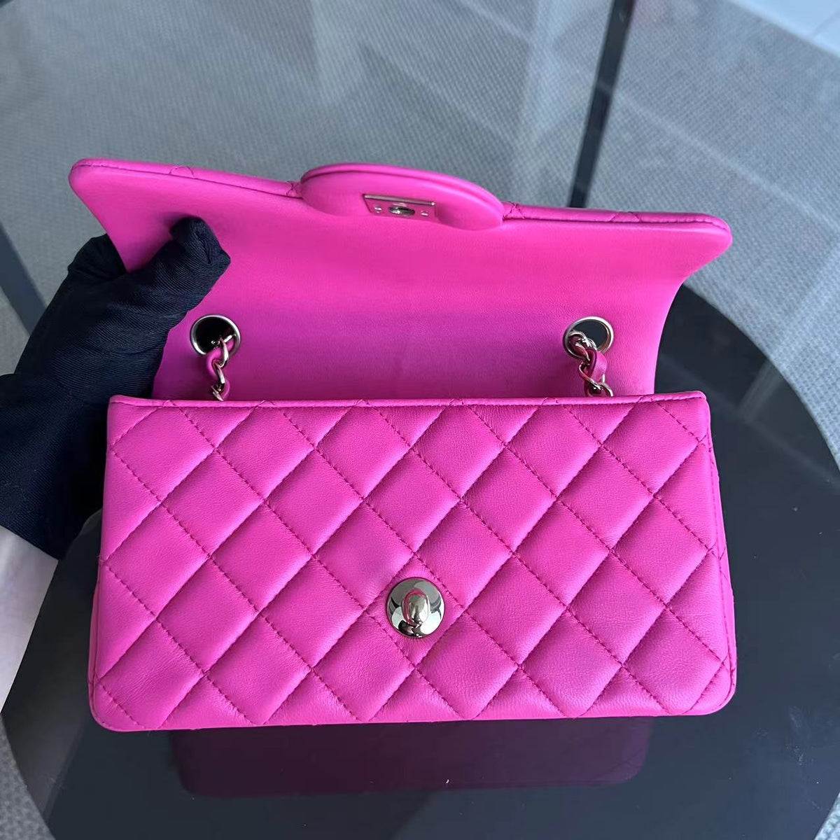 Mini Rectangular Classic Flap 20CM Quilted Lambskin Hot Pink Light Golden Hardware Series 21