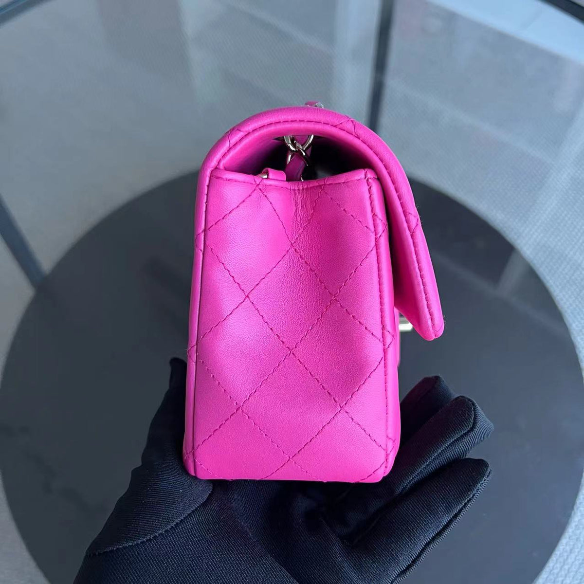 Mini Rectangular Classic Flap 20CM Quilted Lambskin Hot Pink Light Golden Hardware Series 21