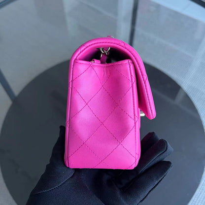 Mini Rectangular Classic Flap 20CM Quilted Lambskin Hot Pink Light Golden Hardware Series 21