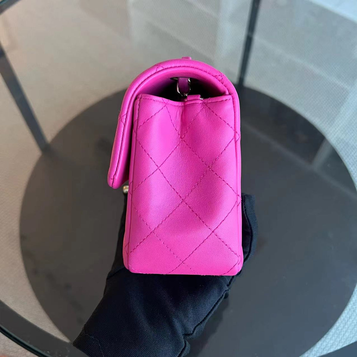 Mini Rectangular Classic Flap 20CM Quilted Lambskin Hot Pink Light Golden Hardware Series 21