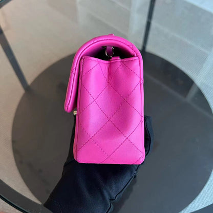 Mini Rectangular Classic Flap 20CM Quilted Lambskin Hot Pink Light Golden Hardware Series 21