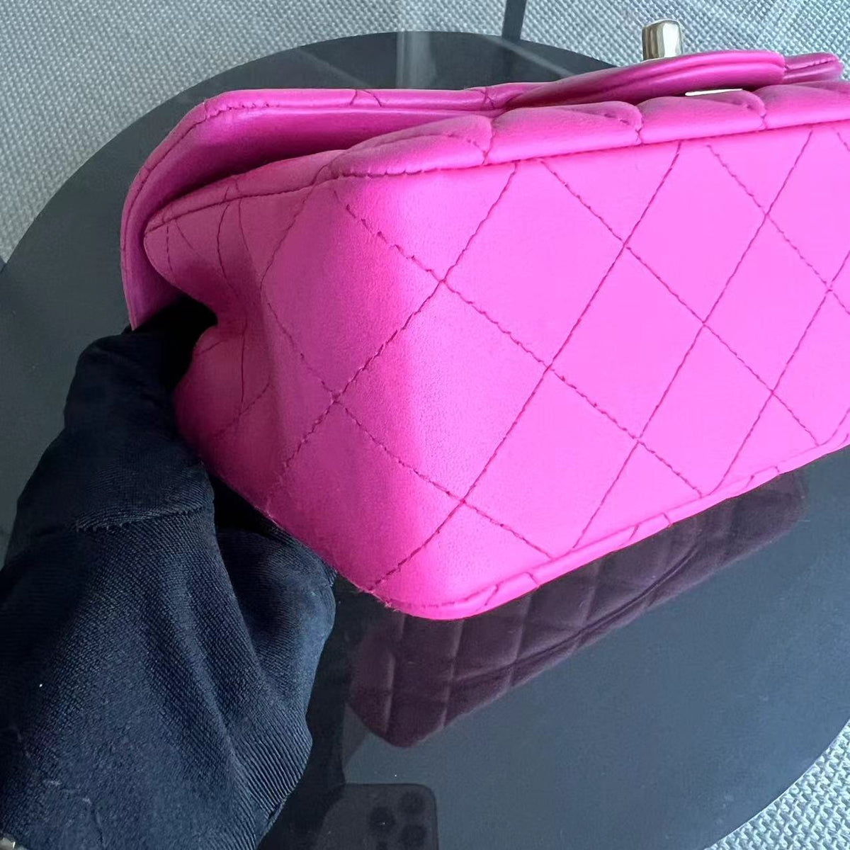 Mini Rectangular Classic Flap 20CM Quilted Lambskin Hot Pink Light Golden Hardware Series 21