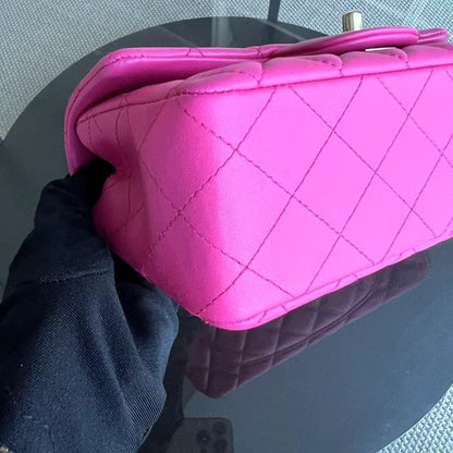 Mini Rectangular Classic Flap 20CM Quilted Lambskin Hot Pink Light Golden Hardware Series 21