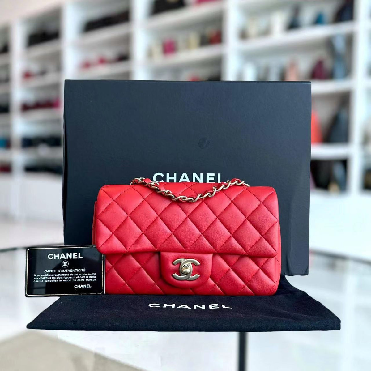 Mini Rectangular Classic Flap 20CM Quilted Lambskin Red Golden Hardware Series 17