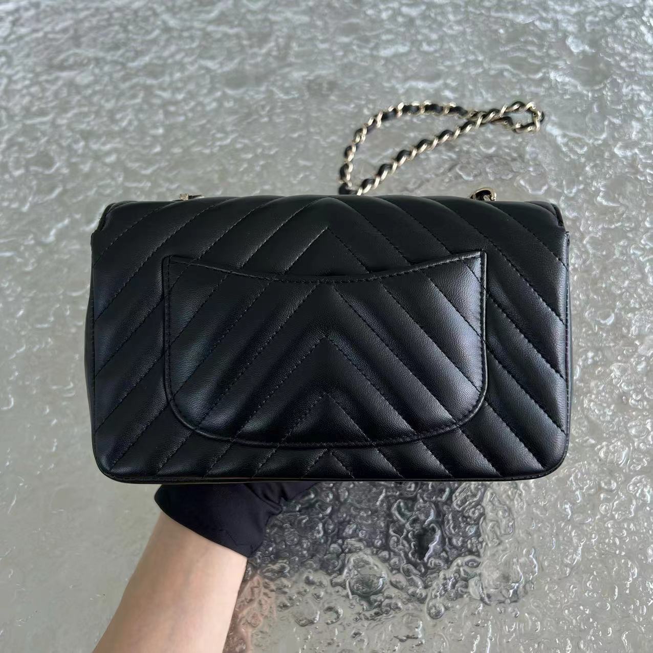 Mini Rectangular Classic Flap Double Flap 20CM Chevron Lambskin Black Golden Hardware Series 27