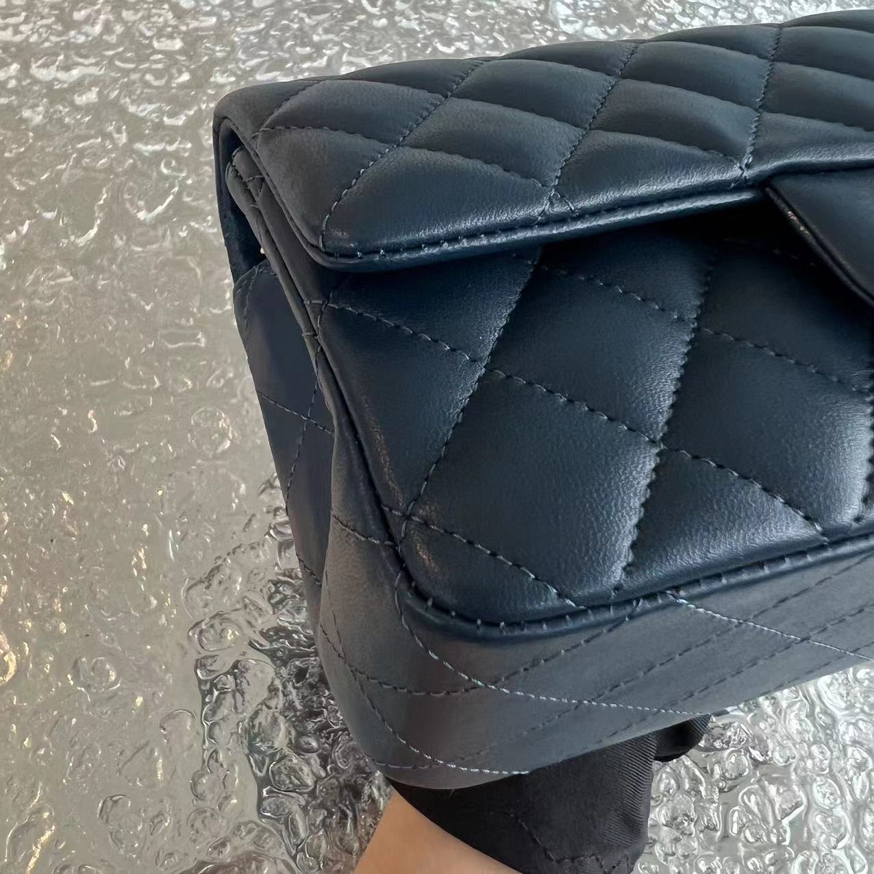 Mini Rectangular Classic Flap Quilted Lambskin Dark Blue Silver Hardware Series 25