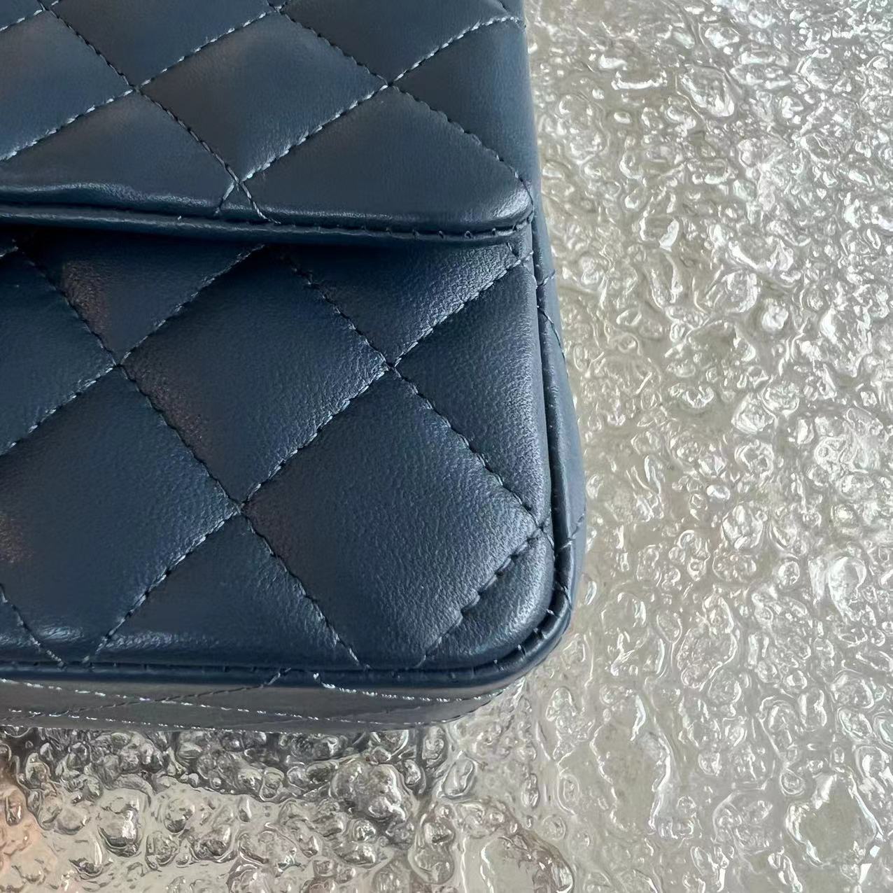 Mini Rectangular Classic Flap Quilted Lambskin Dark Blue Silver Hardware Series 25