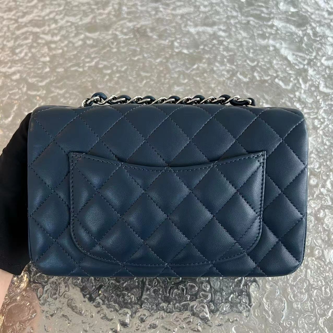 Mini Rectangular Classic Flap Quilted Lambskin Dark Blue Silver Hardware Series 25