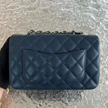 Mini Rectangular Classic Flap Quilted Lambskin Dark Blue Silver Hardware Series 25
