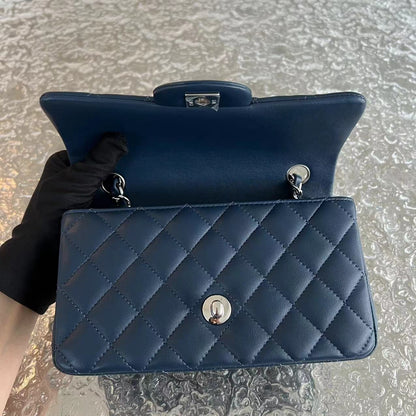 Mini Rectangular Classic Flap Quilted Lambskin Dark Blue Silver Hardware Series 25