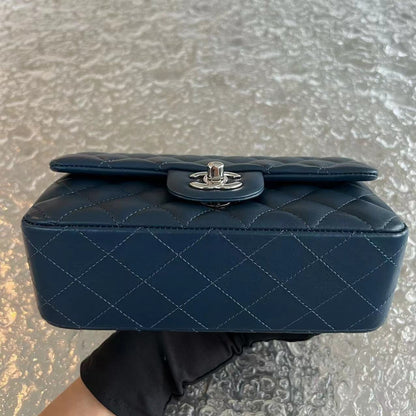 Mini Rectangular Classic Flap Quilted Lambskin Dark Blue Silver Hardware Series 25