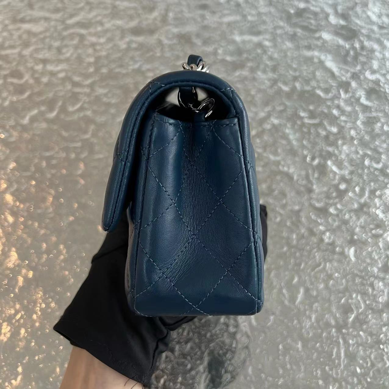 Mini Rectangular Classic Flap Quilted Lambskin Dark Blue Silver Hardware Series 25