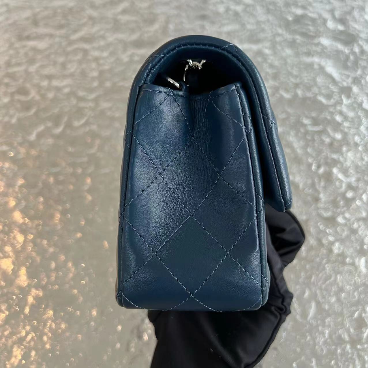 Mini Rectangular Classic Flap Quilted Lambskin Dark Blue Silver Hardware Series 25
