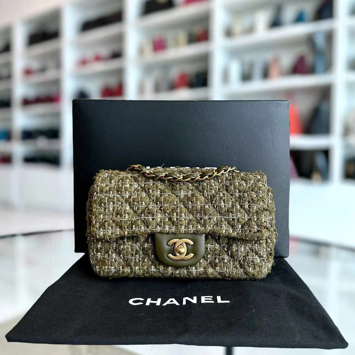 Mini Rectangular Classic Flap Quilted Tweed Green Golden Hardware Series 23