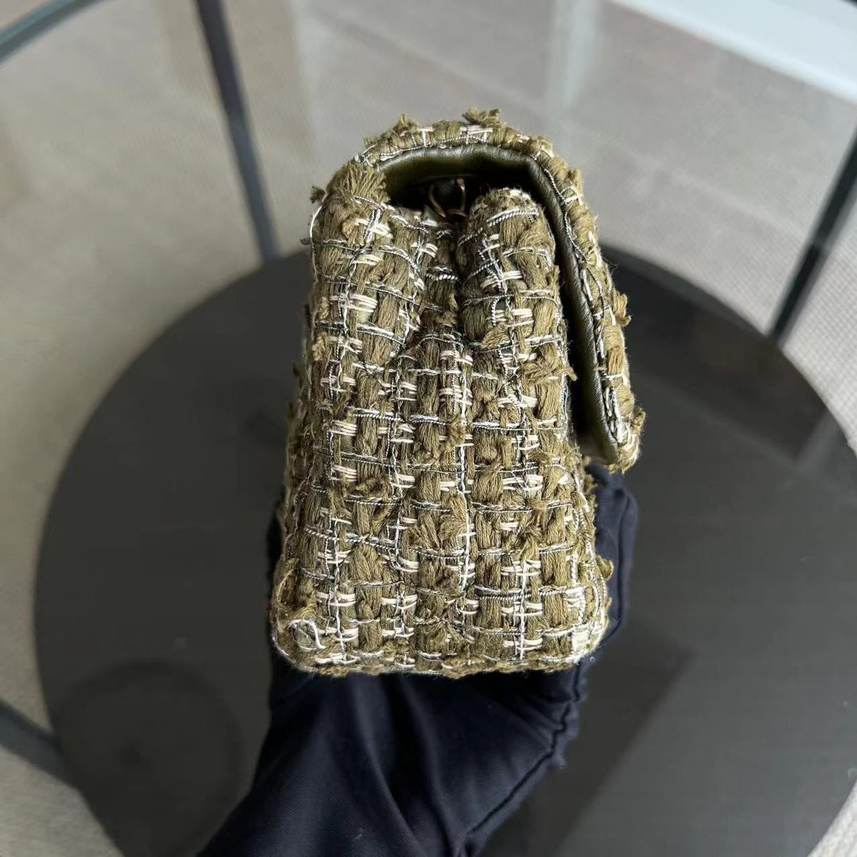 Mini Rectangular Classic Flap Quilted Tweed Green Golden Hardware Series 23