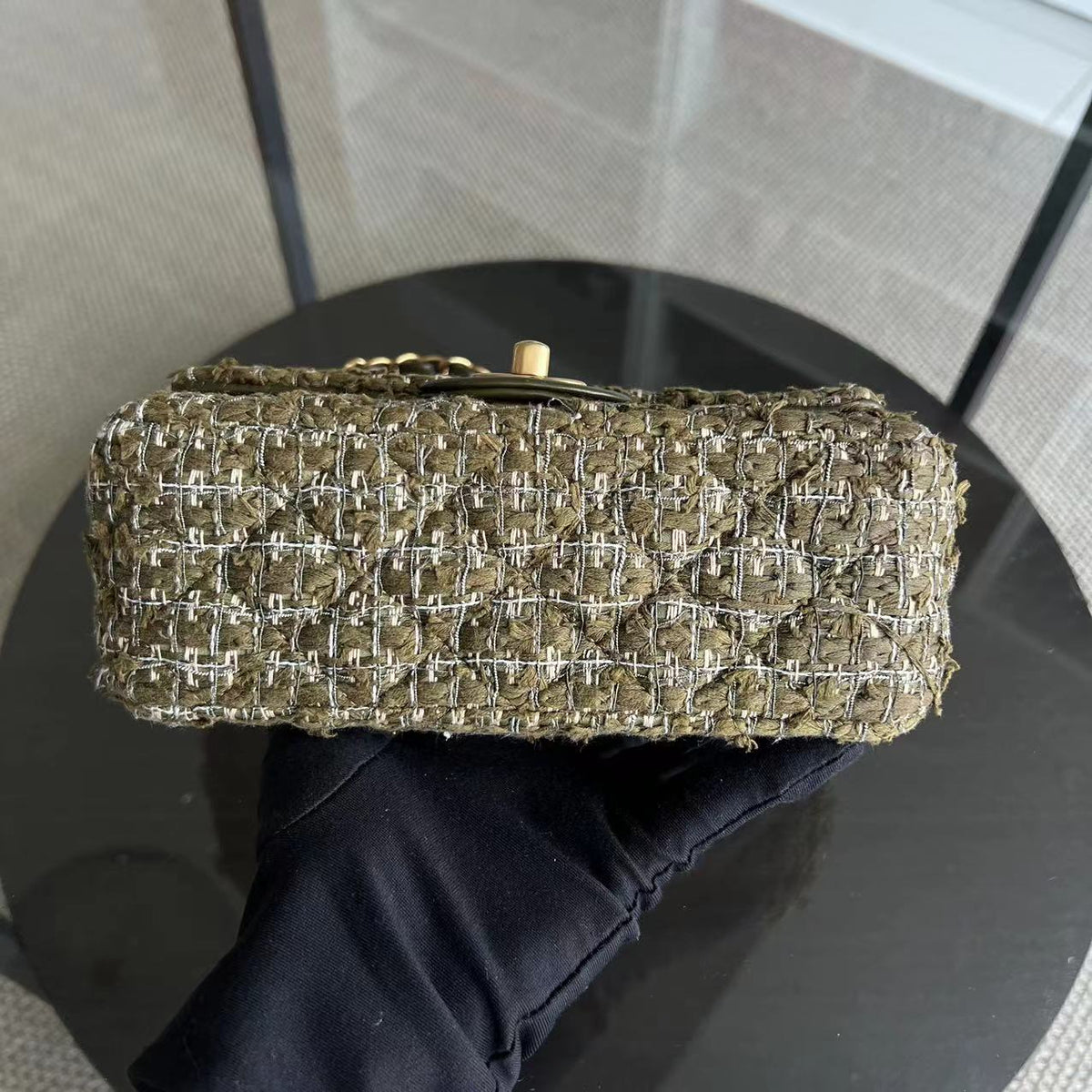 Mini Rectangular Classic Flap Quilted Tweed Green Golden Hardware Series 23