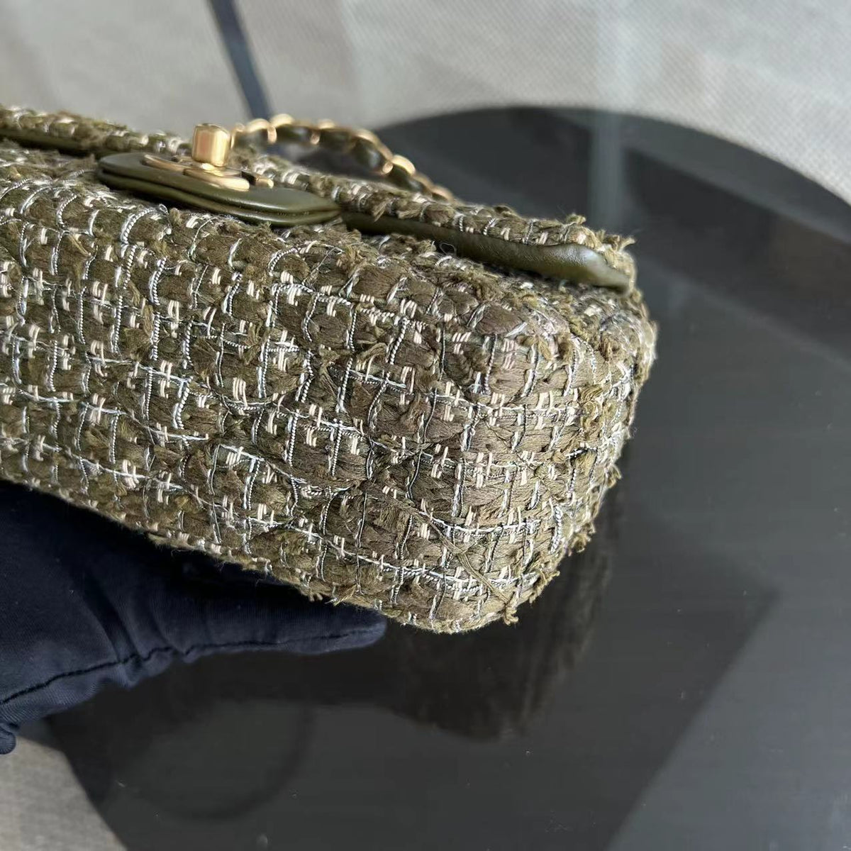 Mini Rectangular Classic Flap Quilted Tweed Green Golden Hardware Series 23