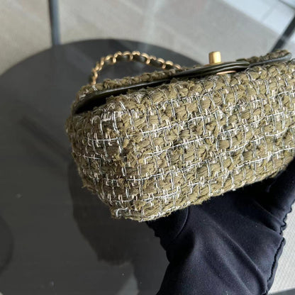 Mini Rectangular Classic Flap Quilted Tweed Green Golden Hardware Series 23