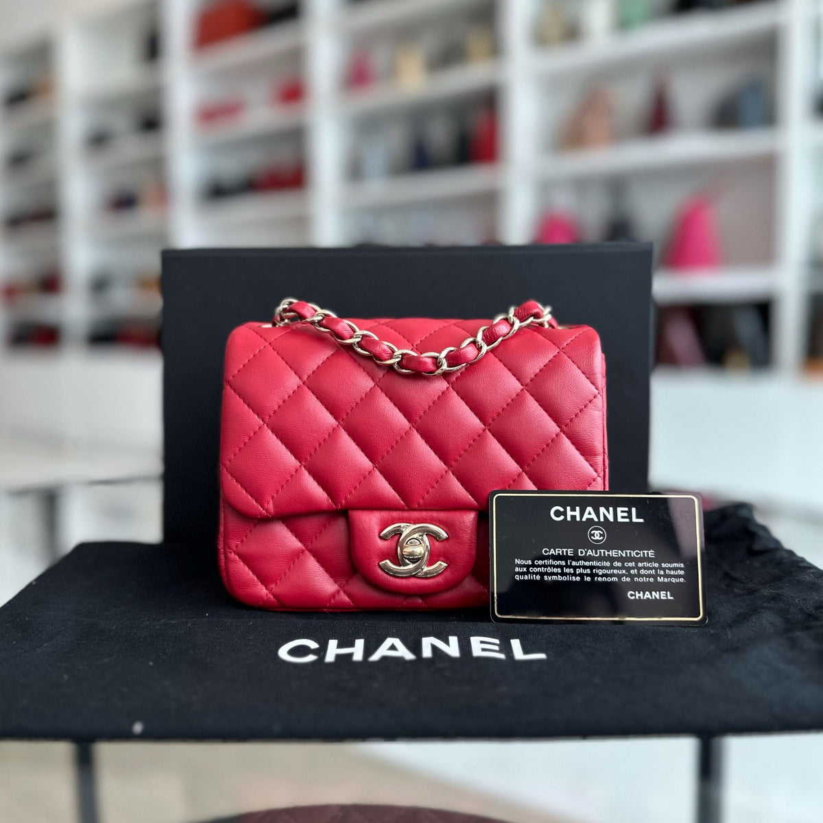 Mini Square Classic Flap Lambskin Red GHW No 23