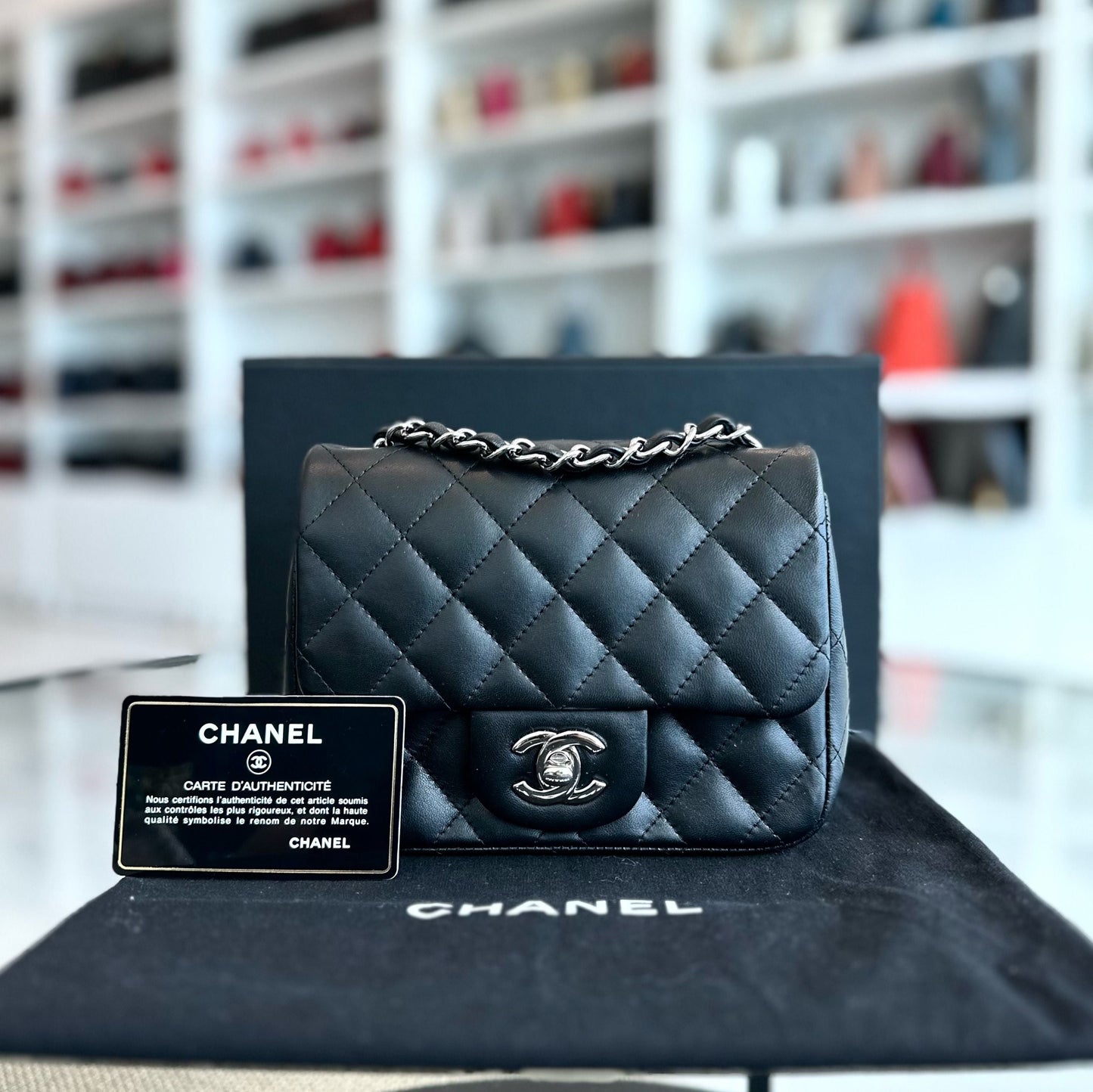 Mini Square Classic Flap Quilted Lambskin Black SHW No 13