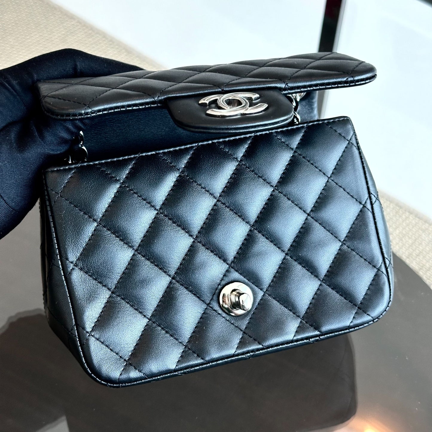 Mini Square Classic Flap Quilted Lambskin Black SHW No 13