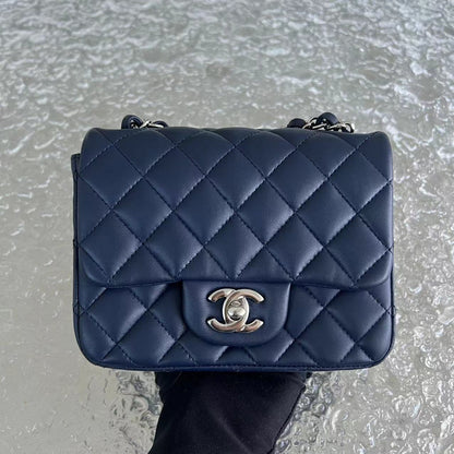 Chanel Mini Square Classic Flap Quilted Lambskin Dark Navy Blue Silver Hardware Series 22