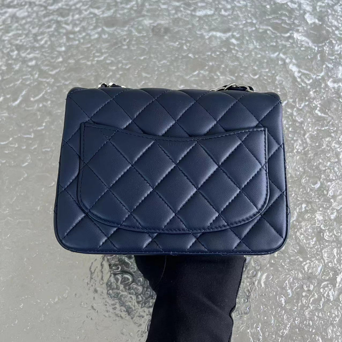 Chanel Mini Square Classic Flap Quilted Lambskin Dark Navy Blue Silver Hardware Series 22