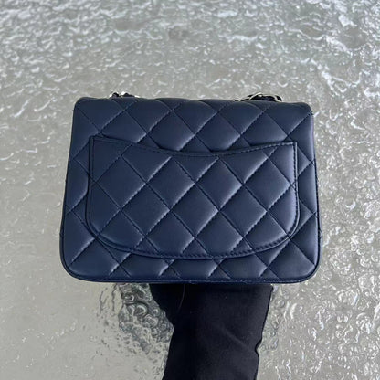 Chanel Mini Square Classic Flap Quilted Lambskin Dark Navy Blue Silver Hardware Series 22