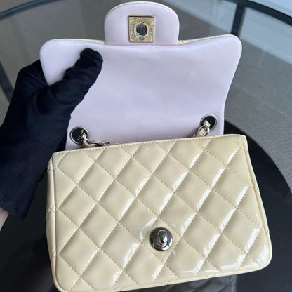 Mini Square Classic Flap Quilted Patent Calfskin Light Pink Yellow SHW No 17