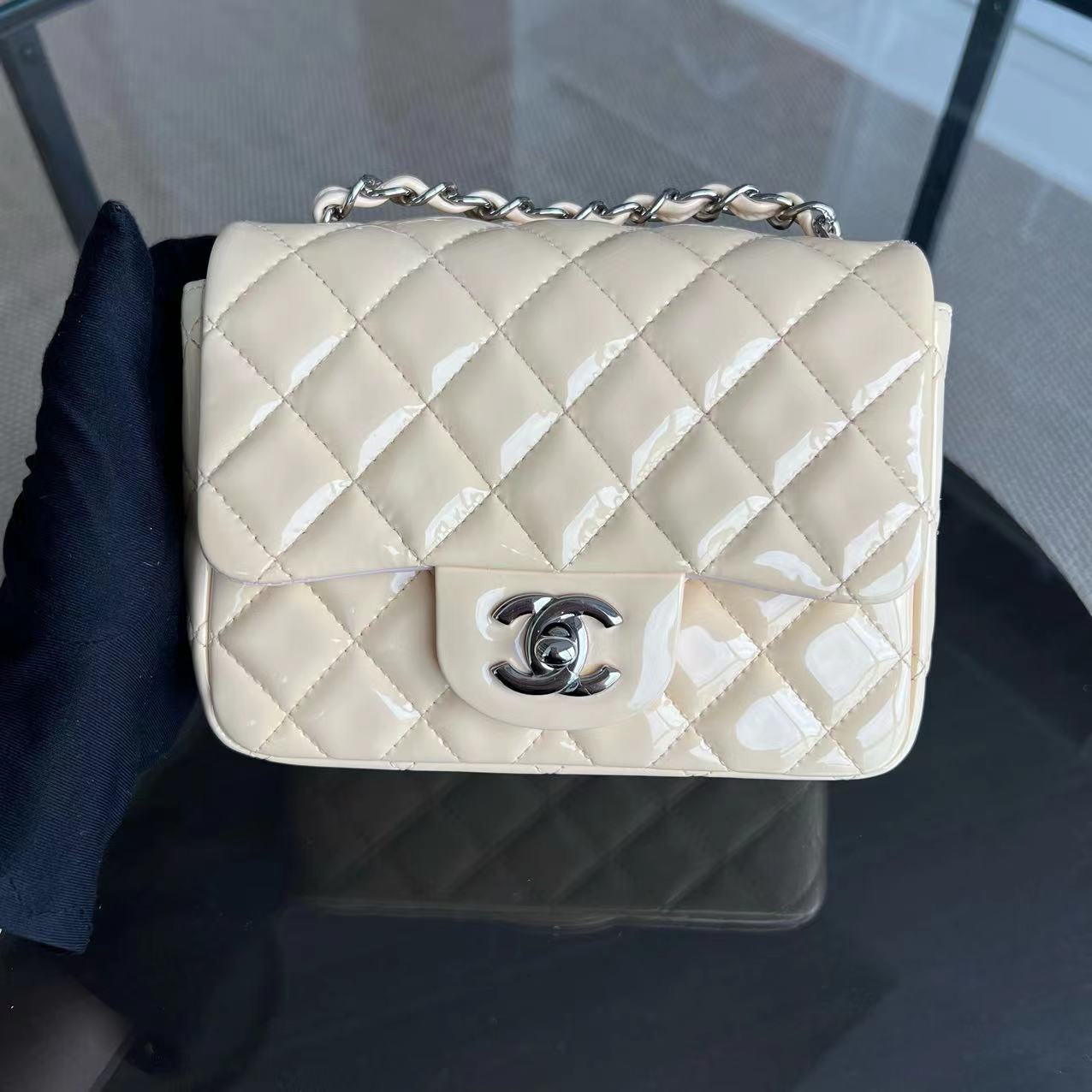 Mini Square Classic Flap Quilted Patent Calfskin Light Pink Yellow SHW No 17