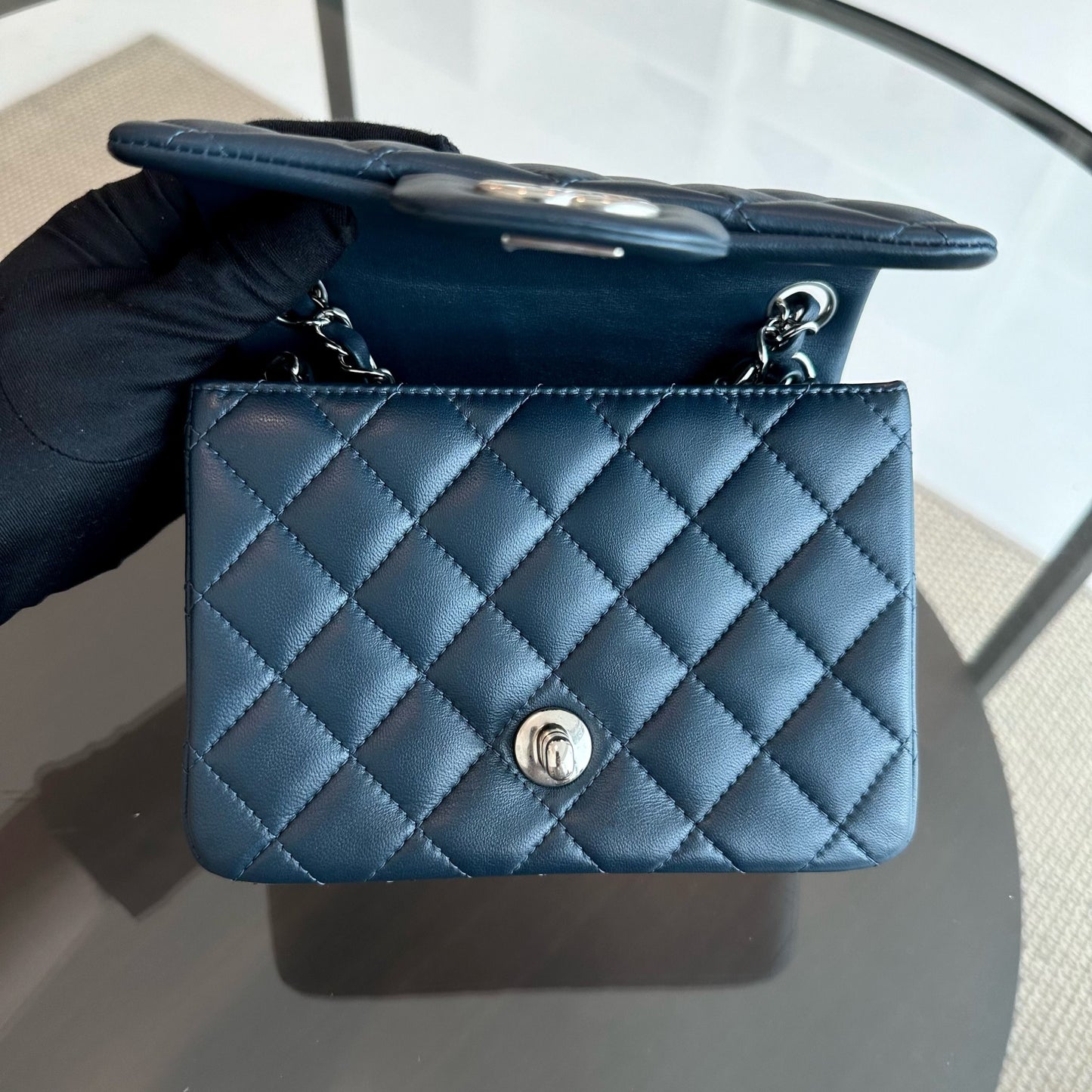 Mini Square Quilted Lambskin Dark Blue SHW No 26