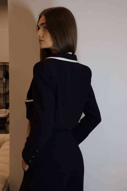 Chanel 95p Cropped Jacket Jumpsuit Set Navy White DXBS1982