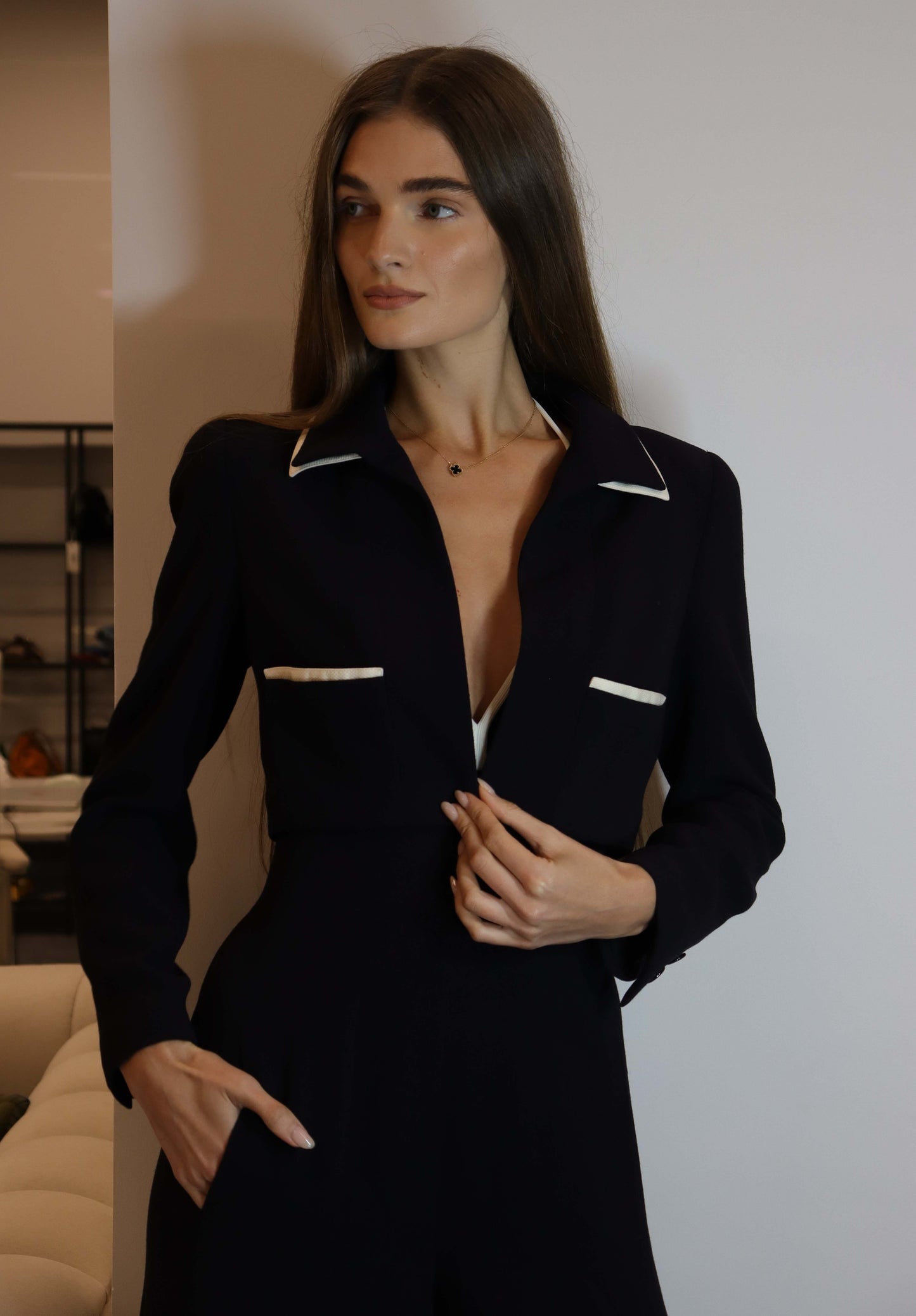 Chanel 95p Cropped Jacket Jumpsuit Set Navy White DXBS1982