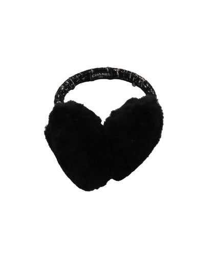 Damaged*Chanel Tweed & Fur Earmuffs Black DXBS1977