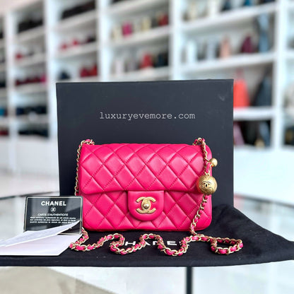 Chanel Classic Flap Mini - 20CM Rectangle Pearl Crush Quilted Lambskin Hot Pink Gold Hardware Series 30
