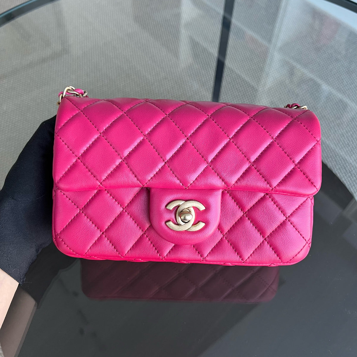 Chanel Classic Flap Mini - 20CM Rectangle Pearl Crush Quilted Lambskin Hot Pink Gold Hardware Series 30