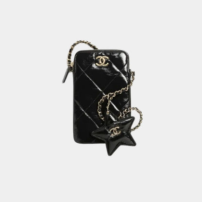 Phone case with chain Black Shiny Crumpled Calfskin