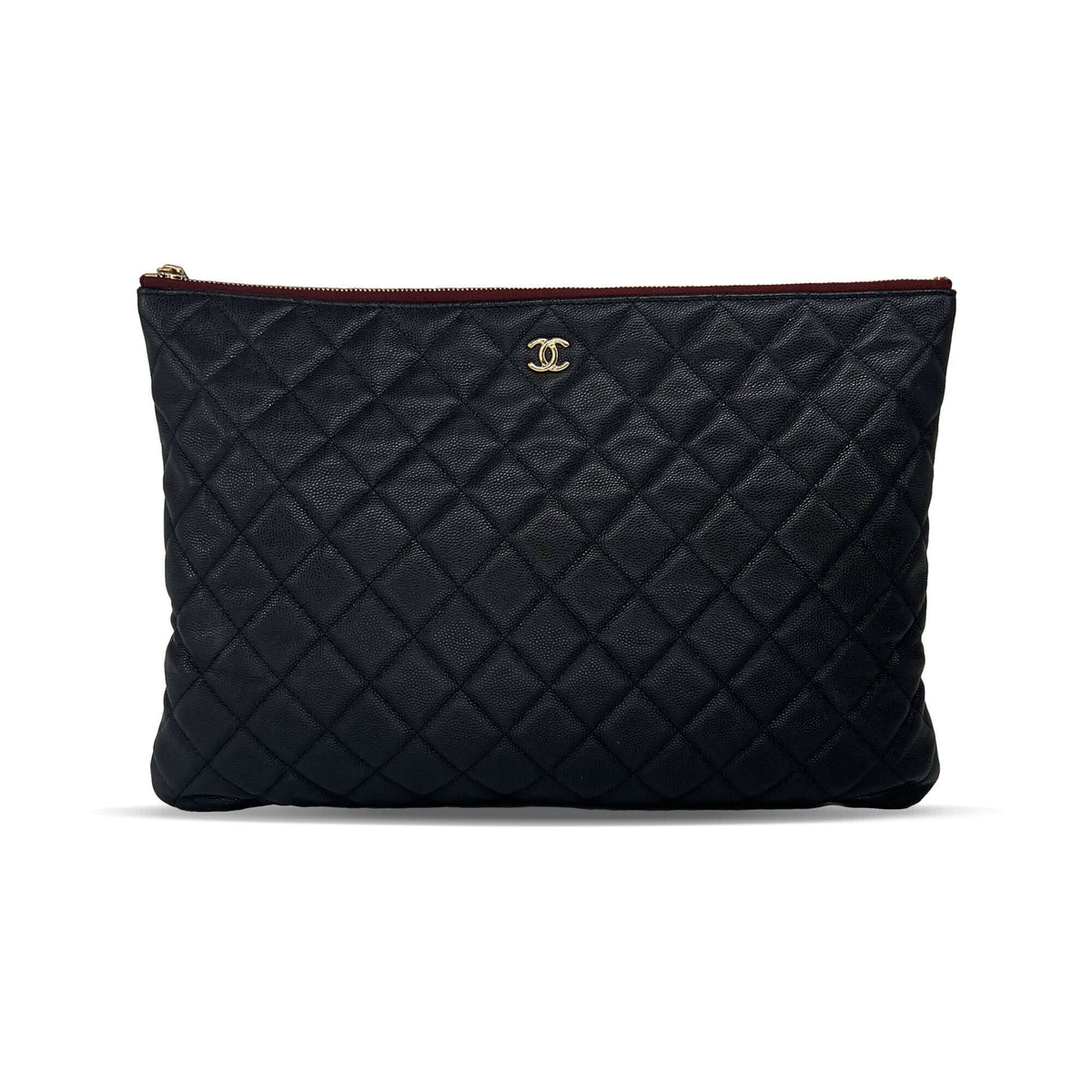 Pre owned Chanel black quilted caviar leather large o-case zip designer pouch