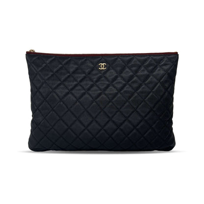 Pre owned Chanel black quilted caviar leather large o-case zip designer pouch