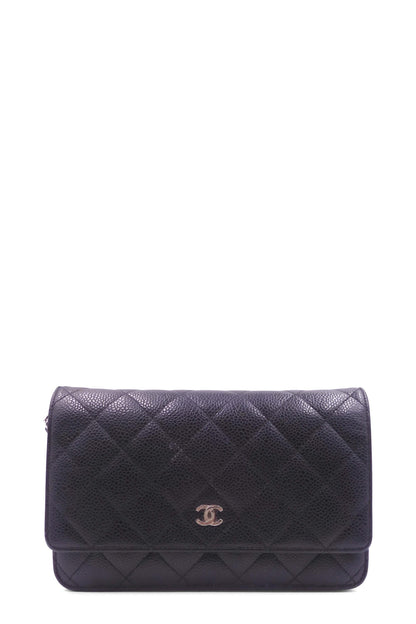 Quilted Caviar Classic Wallet on Chain Black With Silver Hardware