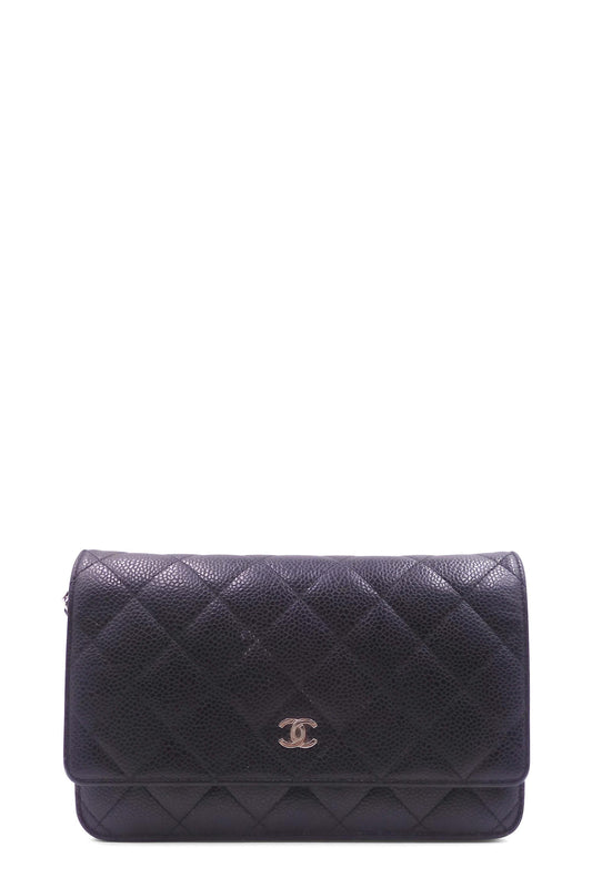 Quilted Caviar Classic Wallet on Chain Black With Silver Hardware