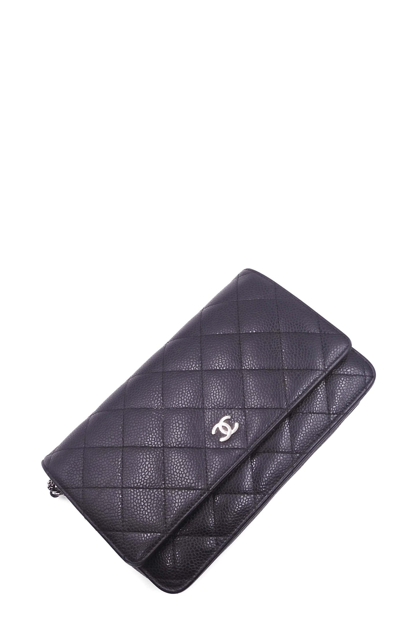 Quilted Caviar Classic Wallet on Chain Black With Silver Hardware