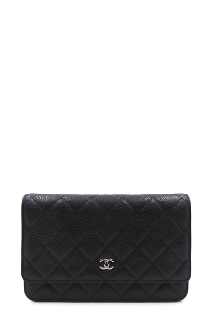 Quilted Caviar Classic Wallet on Chain Black with Silver Hardware