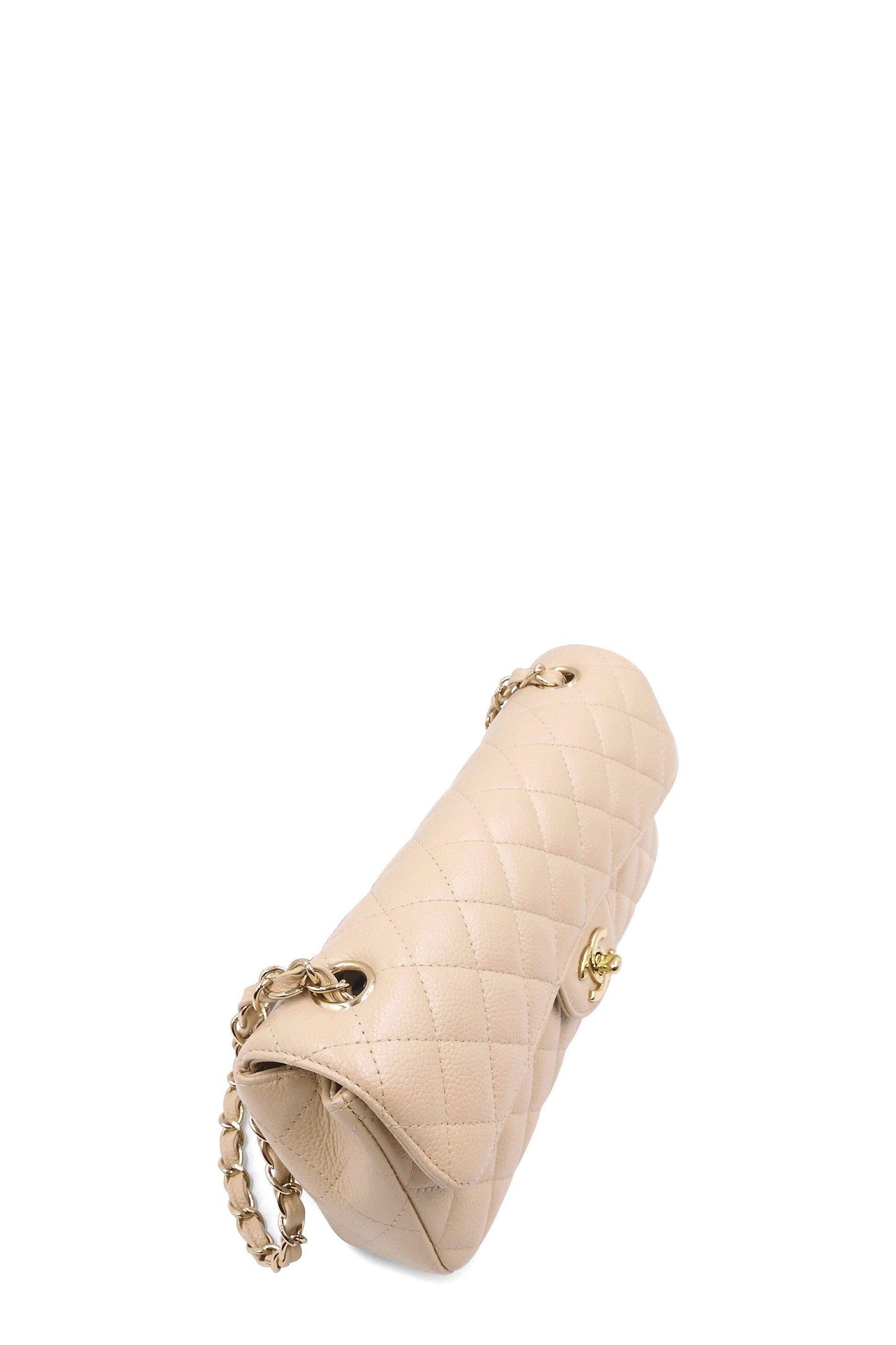 Quilted Caviar East West Flap Bag Beige with Gold Hardware
