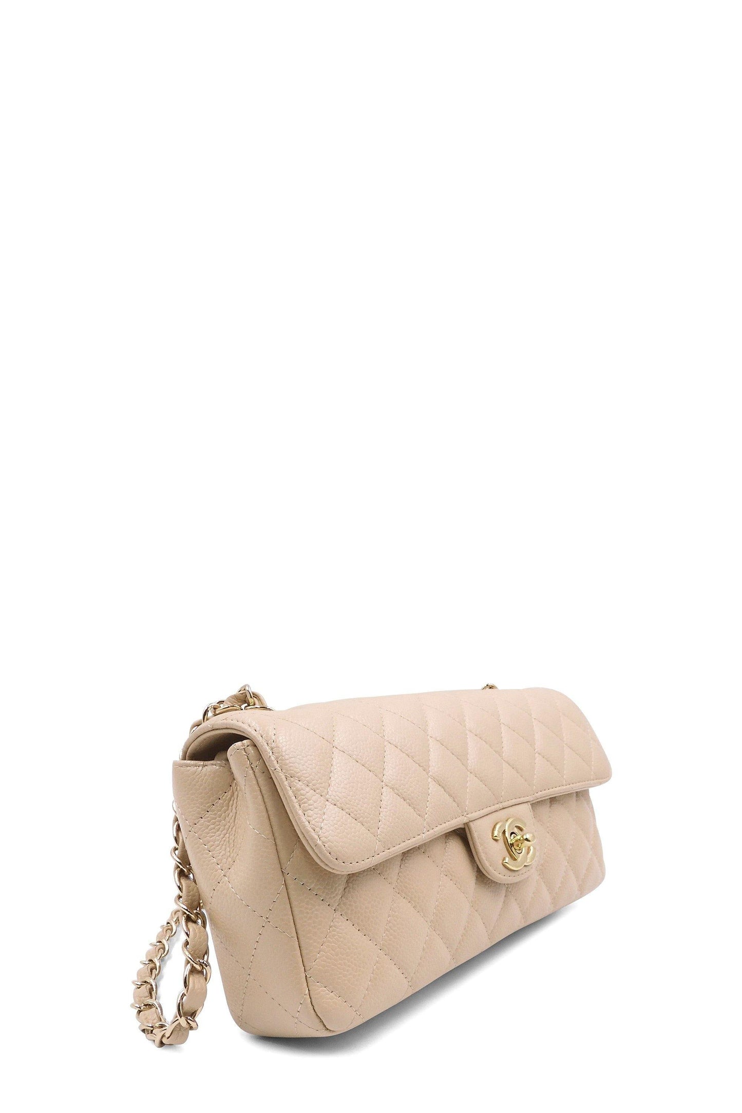 Quilted Caviar East West Flap Bag Beige with Gold Hardware