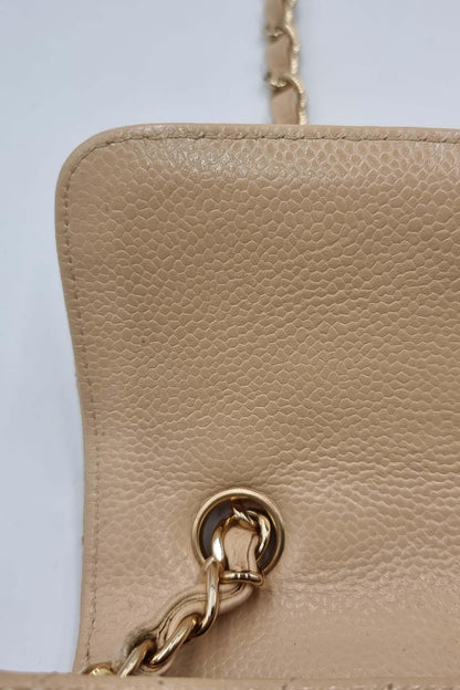 Quilted Caviar East West Flap Bag Beige with Gold Hardware