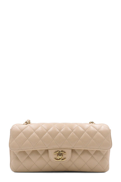 Quilted Caviar East West Flap Bag Beige with Gold Hardware