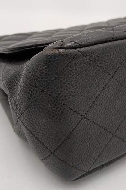 Quilted Caviar Jumbo Classic Single Flap Bag Black with Gold Hardware